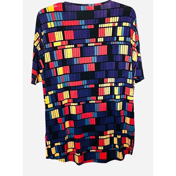 LULAROE SHORT SLV HI-LOW PULL-OVER RND NECK BLOUSE, WOMENS, M-YELL BLUE ORG PURP - Picture 4 of 11